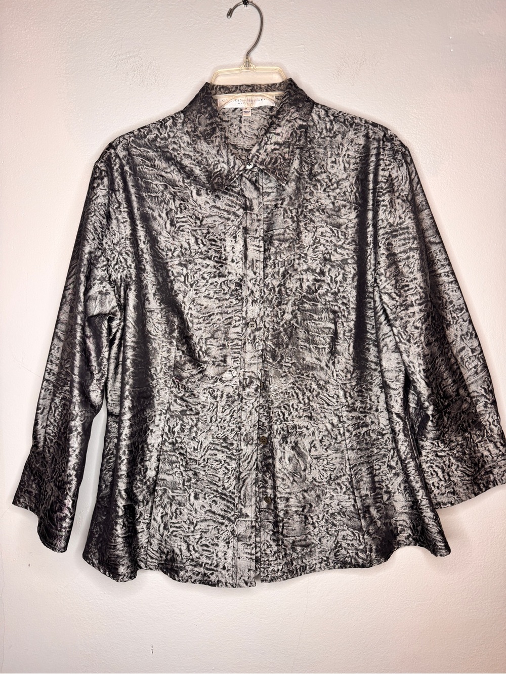 Carolina Herrera Silver-Gray Textured Button Blouse Size 14, Made in Italy